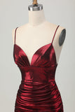Sparkly Metallic Burgundy Spaghetti Straps Tight Ruched Short Homecoming Dress