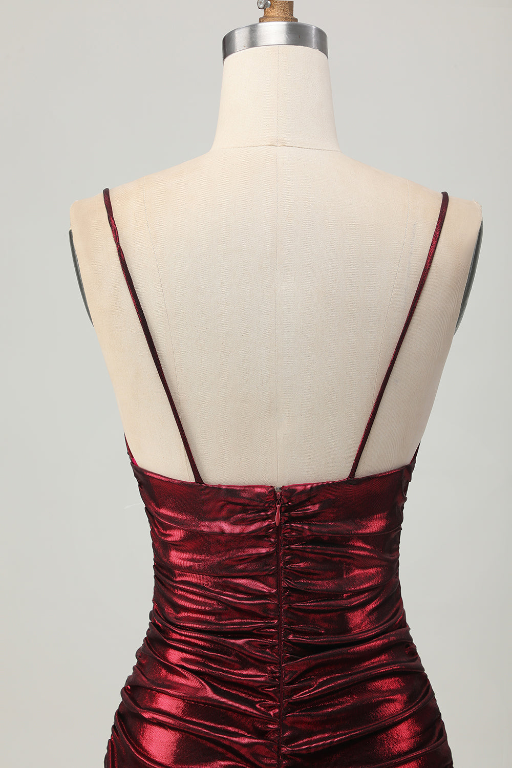 Sparkly Metallic Burgundy Spaghetti Straps Tight Ruched Short Homecoming Dress