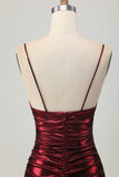 Sparkly Metallic Burgundy Spaghetti Straps Tight Ruched Short Homecoming Dress