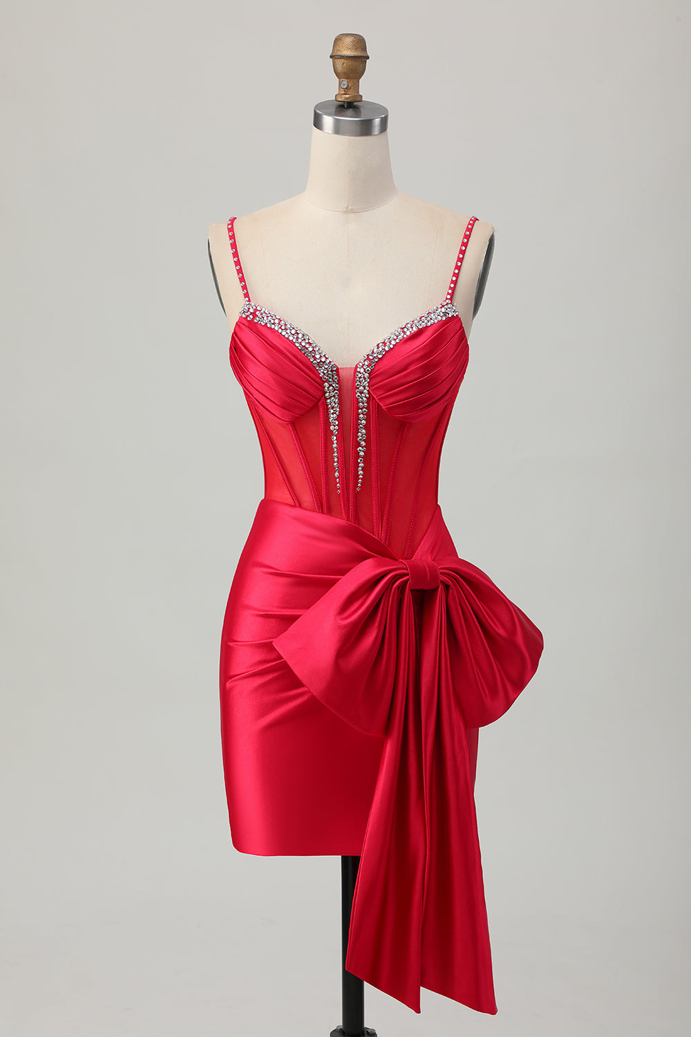 Red Bodycon Corset Ruched Beaded Short Homecoming Dress with Bow