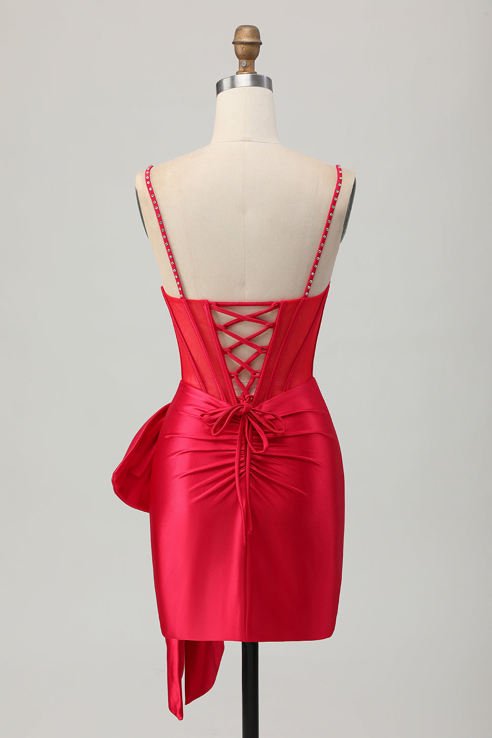 Red Bodycon Corset Ruched Beaded Short Homecoming Dress with Bow