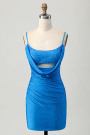 Blue Bodycon Cut Out Short Homecoming Dress with Beading