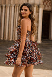Strapless Khaki Leopard Tiered A Line Corset Short Cocktail Dress