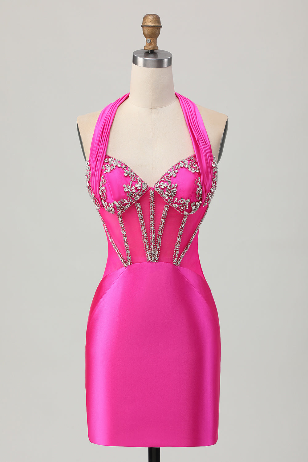 Fuchsia Bodycon Halter Backless Satin Homecoming Dress with Rhinestones