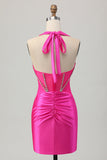 Fuchsia Bodycon Halter Backless Satin Homecoming Dress with Rhinestones