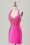 Fuchsia Bodycon Halter Backless Satin Homecoming Dress with Rhinestones
