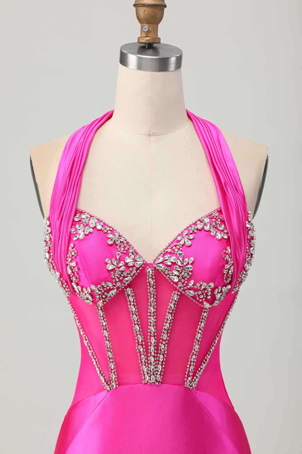 Fuchsia Bodycon Halter Backless Satin Homecoming Dress with Rhinestones