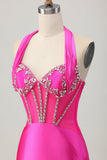 Fuchsia Bodycon Halter Backless Satin Homecoming Dress with Rhinestones