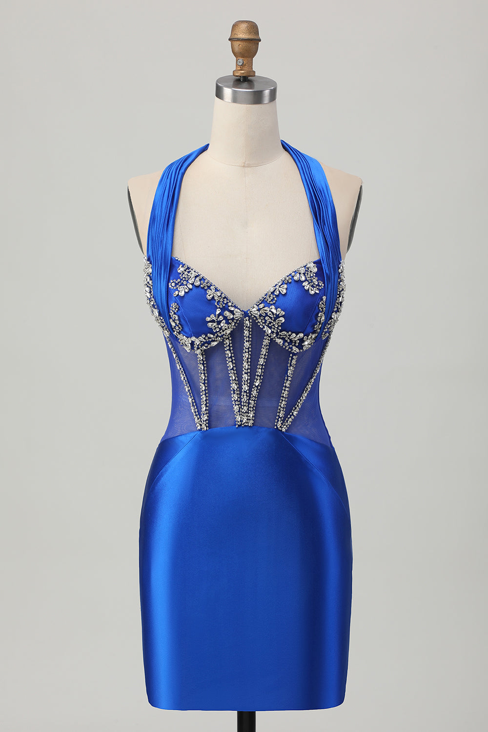 Royal Blue Bodycon Halter Backless Satin Homecoming Dress with Rhinestones