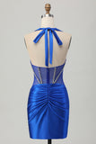 Royal Blue Bodycon Halter Backless Satin Homecoming Dress with Rhinestones