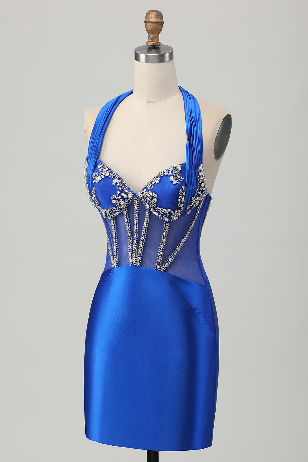 Royal Blue Bodycon Halter Backless Satin Homecoming Dress with Rhinestones