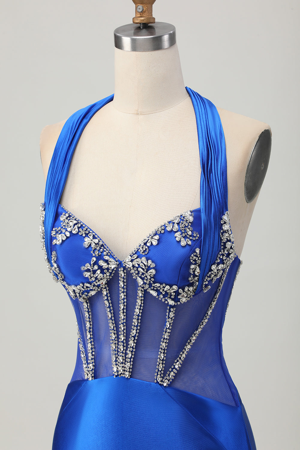 Royal Blue Bodycon Halter Backless Satin Homecoming Dress with Rhinestones