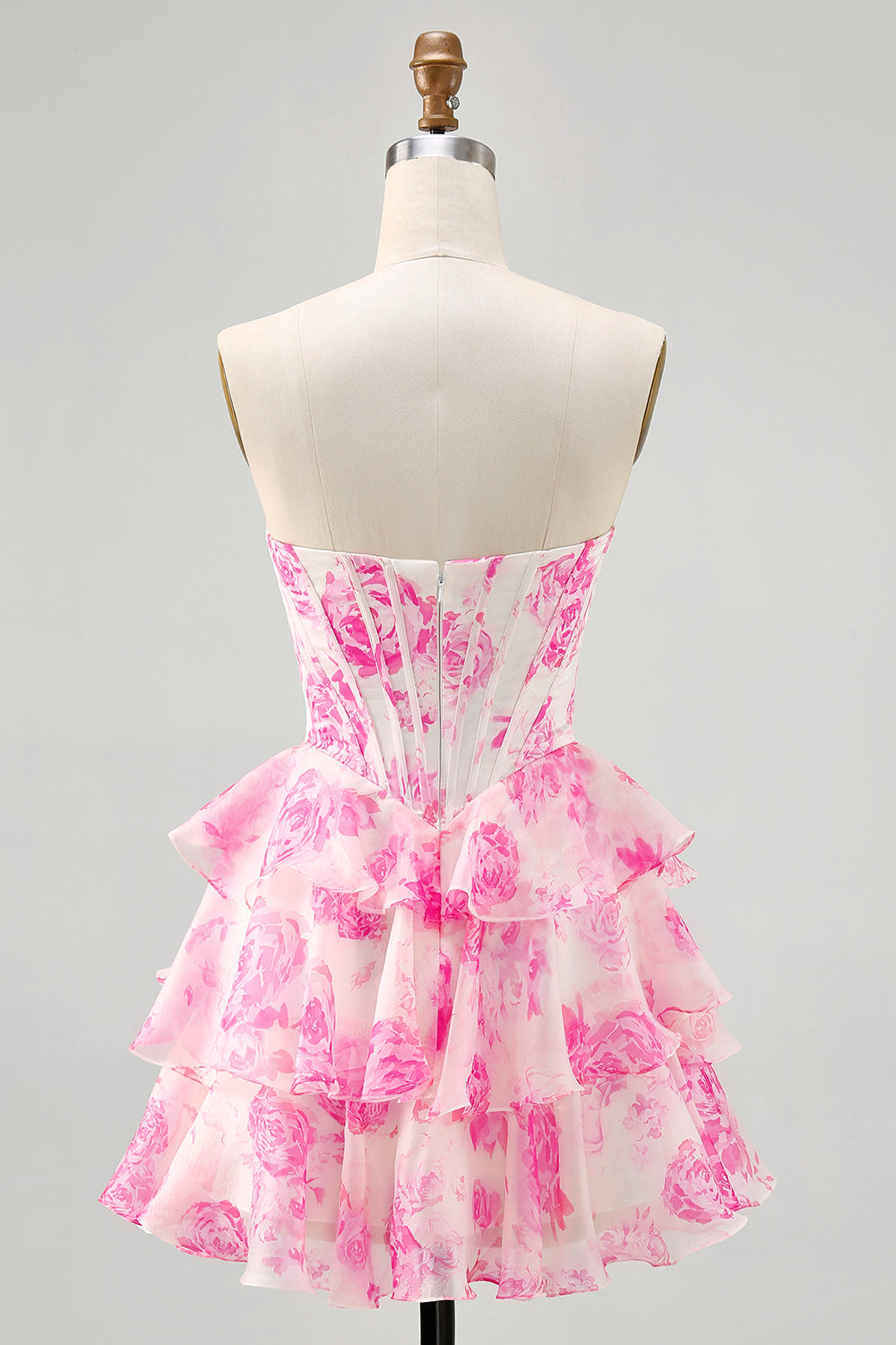 White Blue Floral A Line Strapless Corset Tiered Short Ball Dress