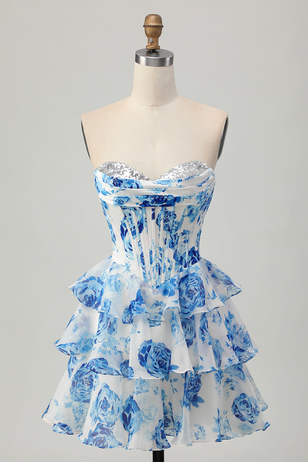 Pink Floral A-Line Strapless Corset Short Ball Dress with Sequins