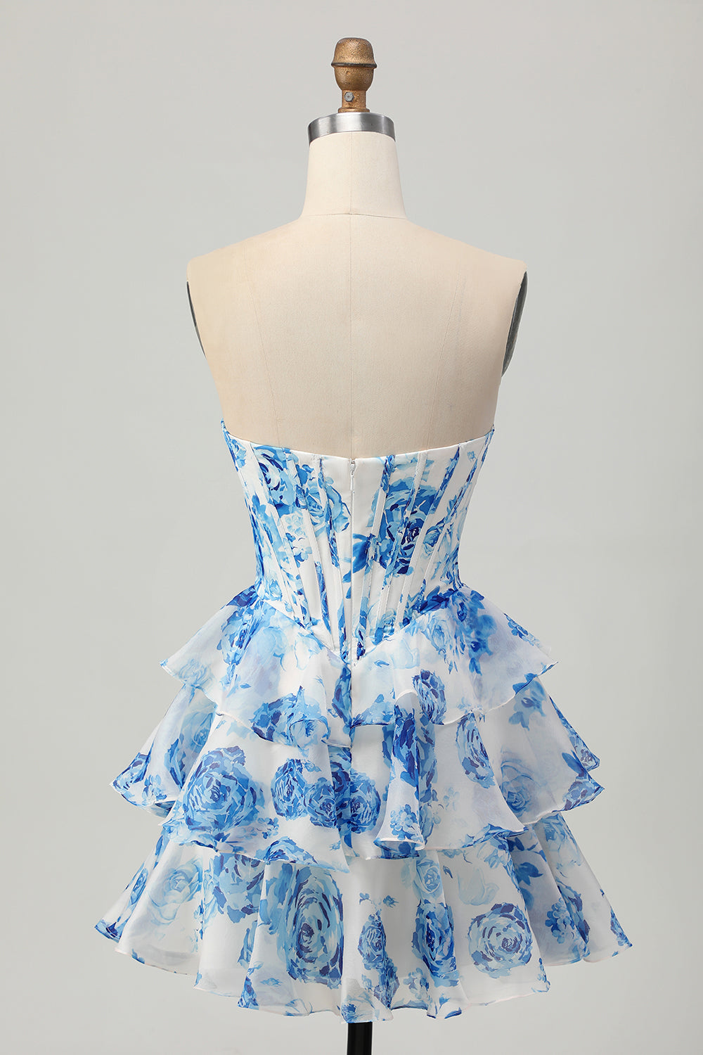 White Blue Floral A Line Strapless Corset Tiered Short Ball Dress