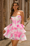Pink Floral A-Line Strapless Corset Short Ball Dress with Sequins