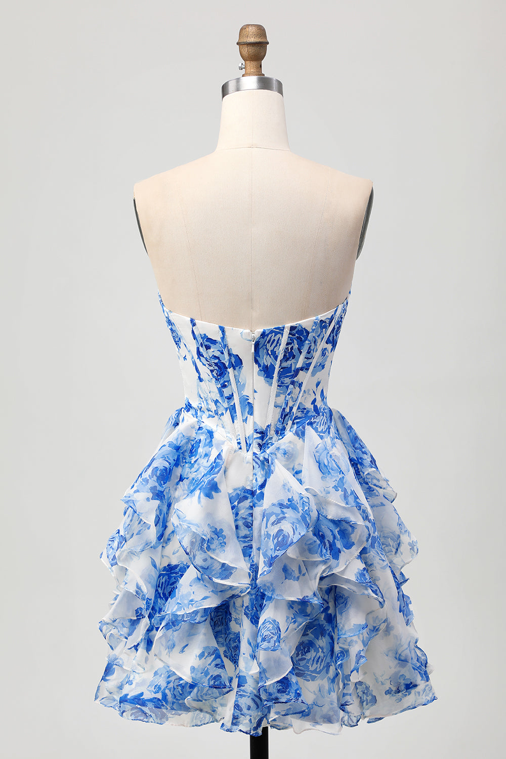 White Blue Floral Strapless A Line Corset Cut Out Short Ball Dress with Bow