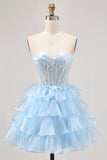 Tiered Sequin Blue Strapless Corset Homecoming Dress