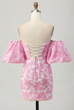 Pink Floral Off the Shoulder Homecoming Dress with Detachable Sleeves