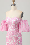 Pink Floral Off the Shoulder Homecoming Dress with Detachable Sleeves