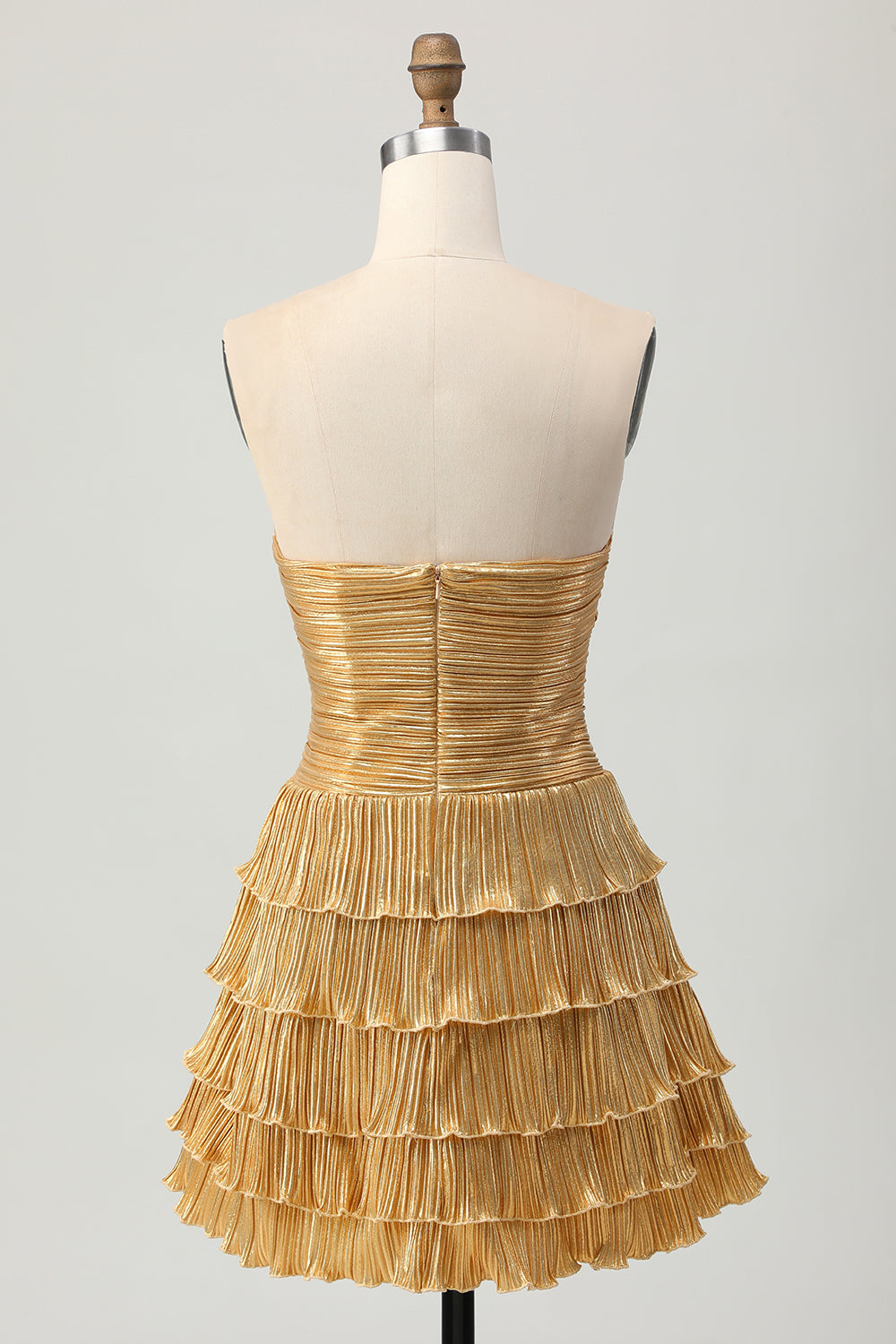 Metallic Golden Strapless Cut Out Pleated Tiered Short Homecoming Dress