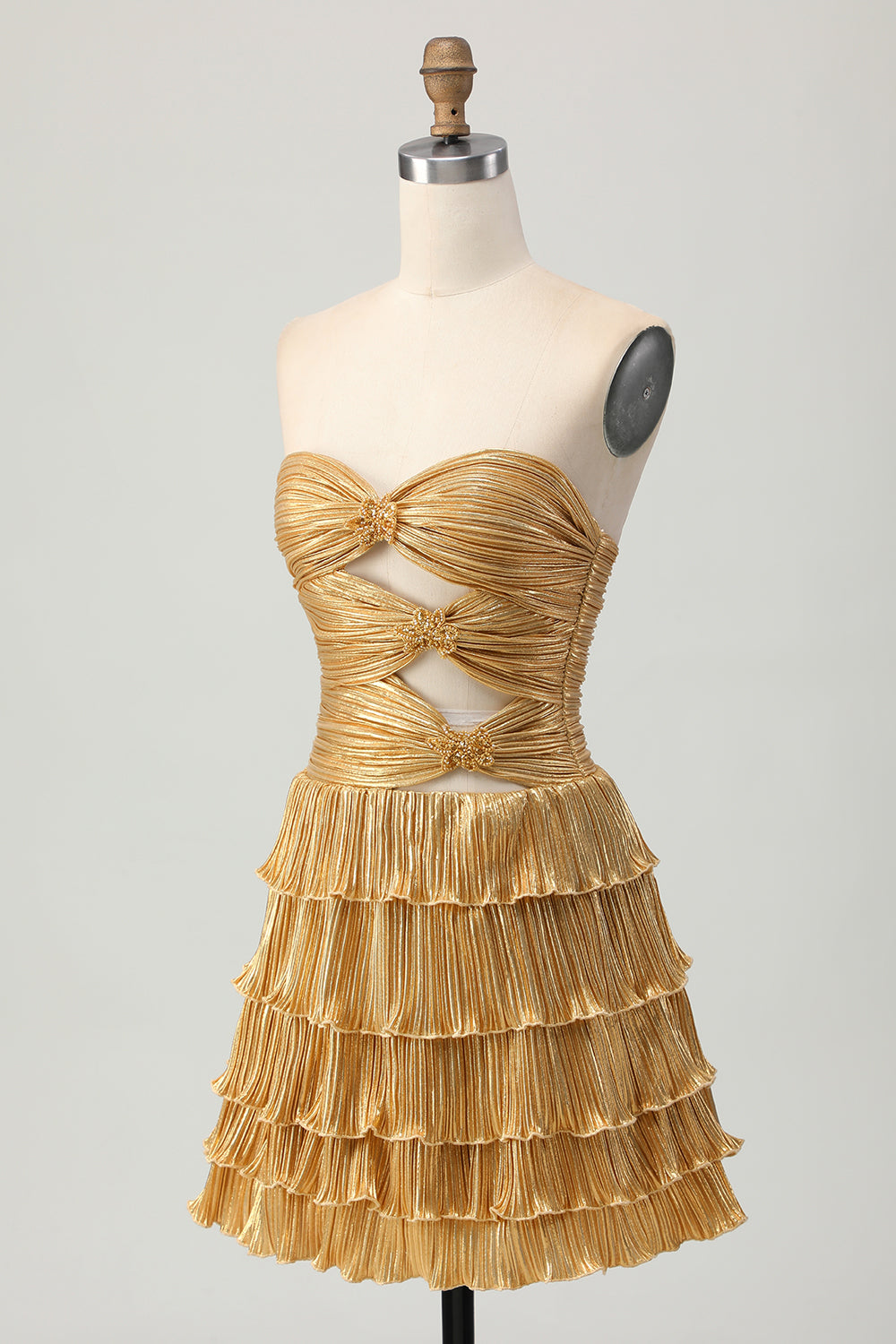Metallic Golden Strapless Cut Out Pleated Tiered Short Homecoming Dress