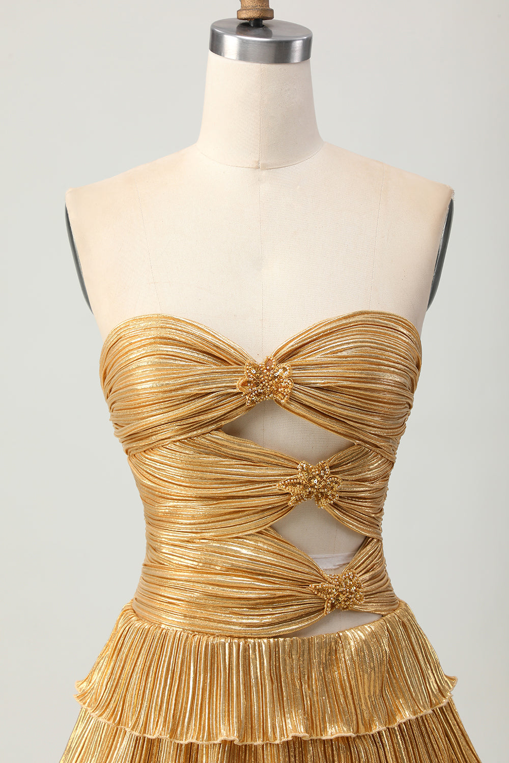 Metallic Golden Strapless Cut Out Pleated Tiered Short Homecoming Dress