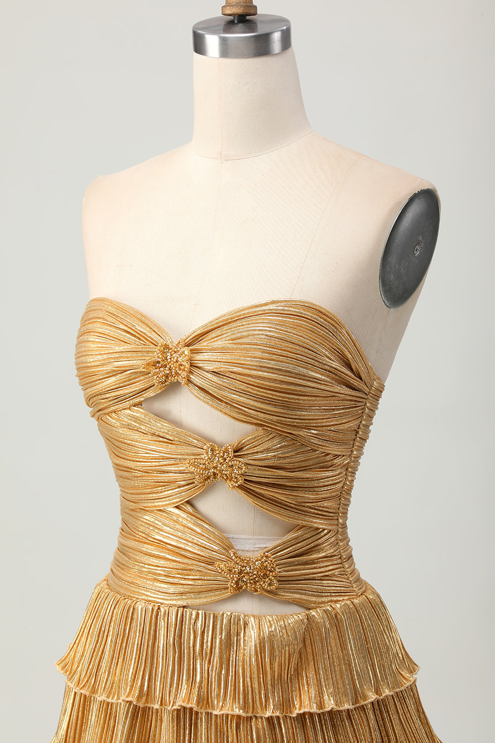 Metallic Golden Strapless Cut Out Pleated Tiered Short Homecoming Dress