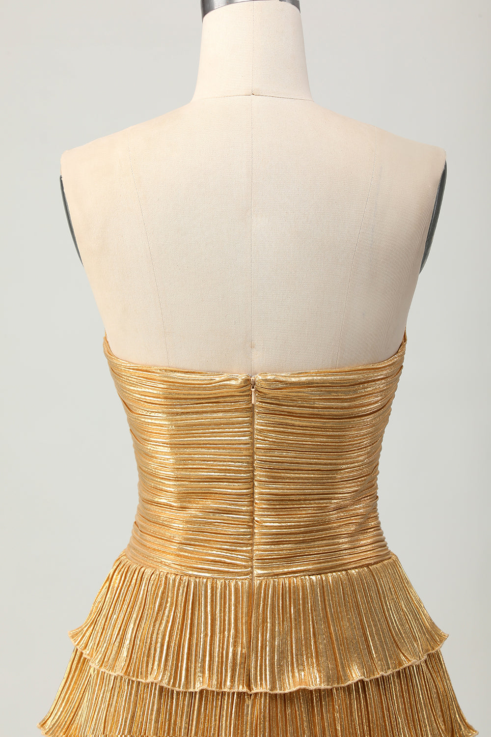 Metallic Golden Strapless Cut Out Pleated Tiered Short Homecoming Dress