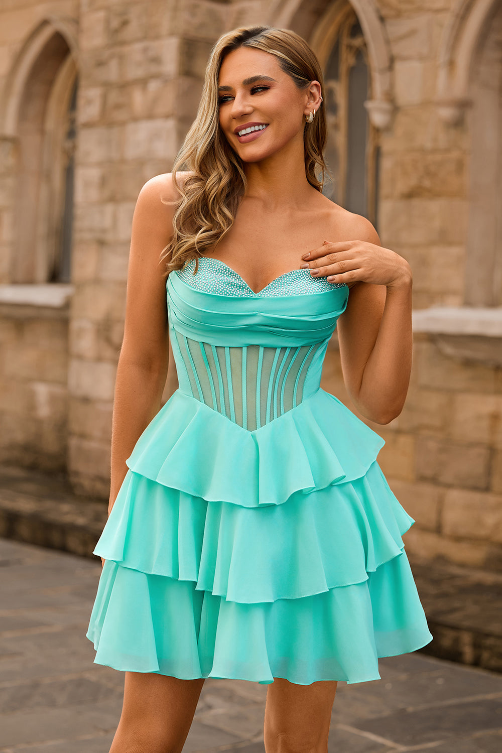 Strapless Corset A Line Green Short Cocktail Dress with Beading