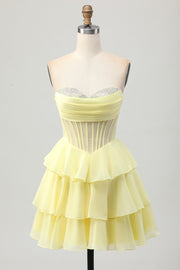Yellow A-Line Strapless Tiered Corset Homecoming Dress with Beading