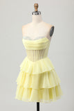 Yellow A-Line Strapless Tiered Corset Homecoming Dress with Beading
