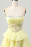 Yellow A-Line Strapless Tiered Corset Homecoming Dress with Beading