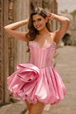 Pink Strapless A Line Corset Beaded Short Ball Dress with Rhinestones