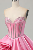 Pink Bodycon Sweetheart Satin Corset Homecoming Dress with Rhinestones