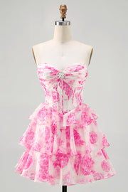 A-Line Strapless Corset Tiered Fuchsia Floral Short Homecoming Dress