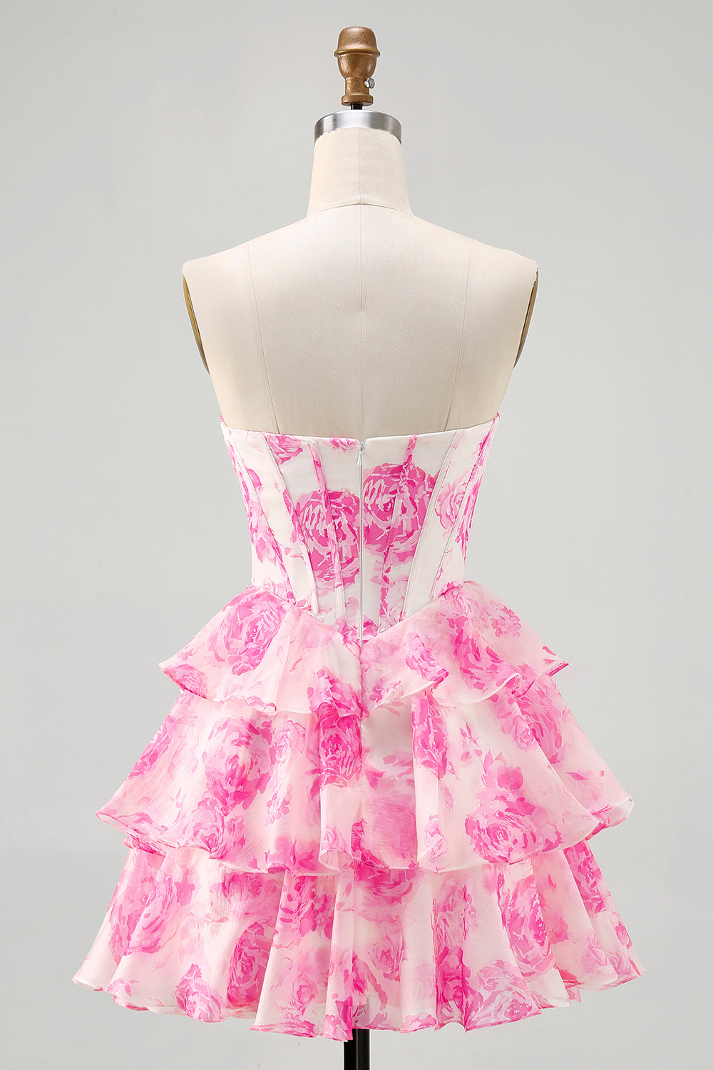A-Line Strapless Corset Tiered Fuchsia Floral Short Homecoming Dress