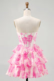 A-Line Strapless Corset Tiered Fuchsia Floral Short Homecoming Dress