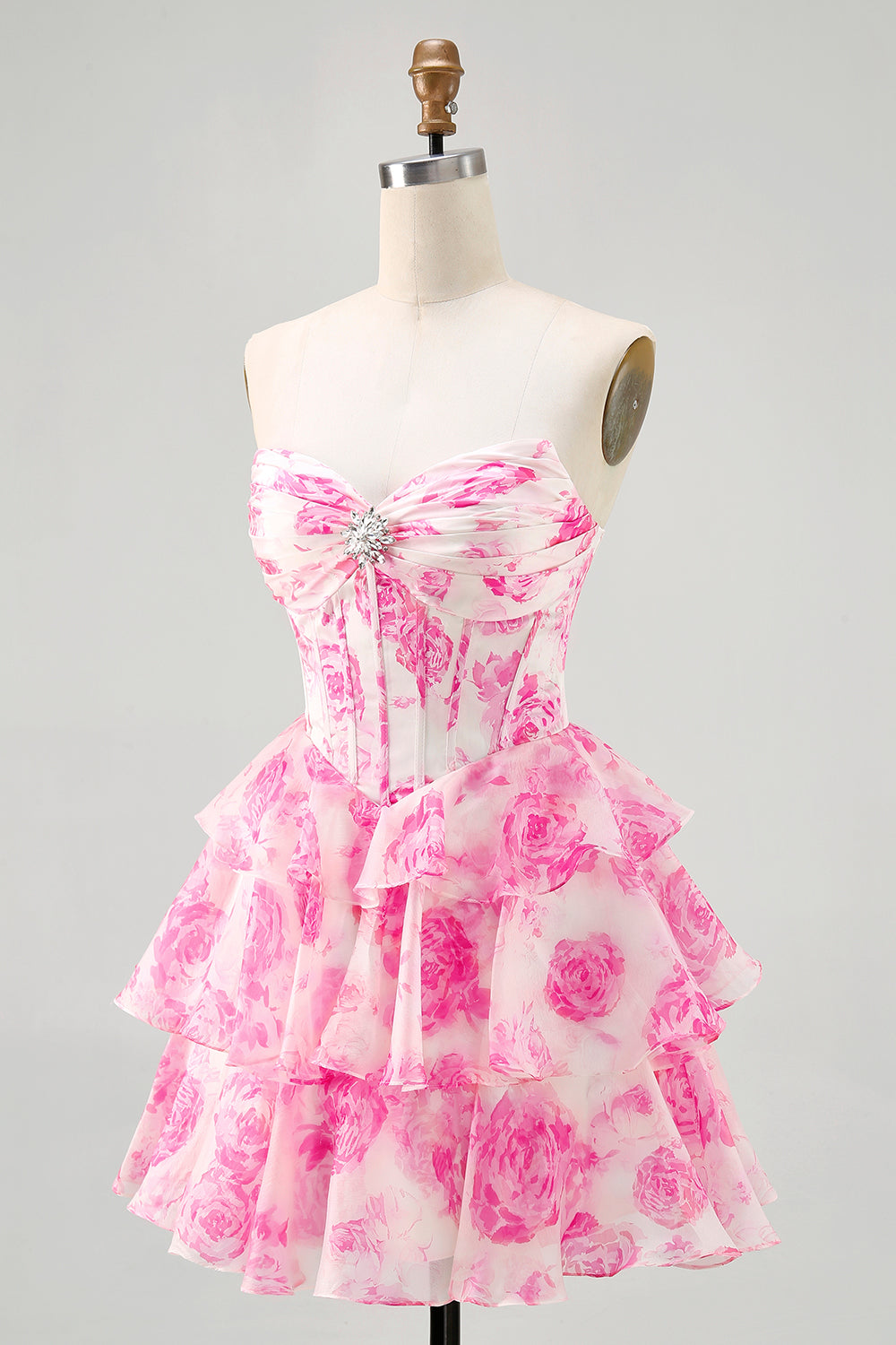 A-Line Strapless Corset Tiered Fuchsia Floral Short Homecoming Dress