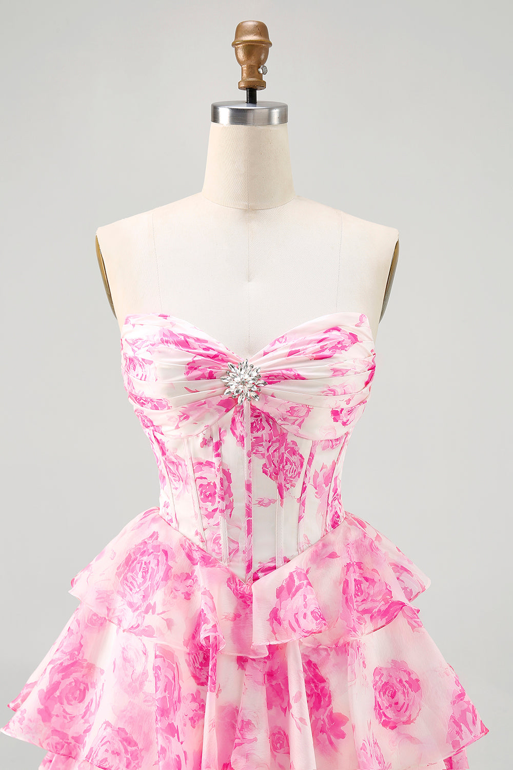 A-Line Strapless Corset Tiered Fuchsia Floral Short Homecoming Dress
