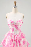 A-Line Strapless Corset Tiered Fuchsia Floral Short Homecoming Dress