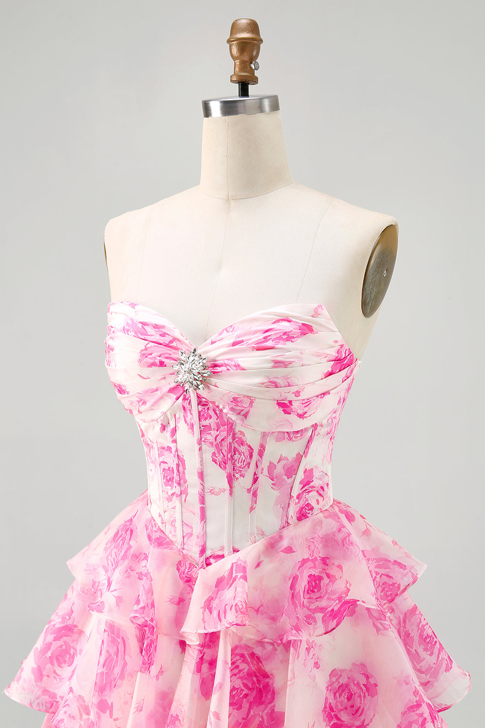 A-Line Strapless Corset Tiered Fuchsia Floral Short Homecoming Dress