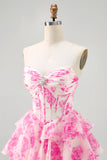 A-Line Strapless Corset Tiered Fuchsia Floral Short Homecoming Dress