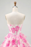 A-Line Strapless Corset Tiered Fuchsia Floral Short Homecoming Dress