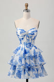 White Blue Floral A-line Sweetheart Corset Tiered Short Homecoming Dress