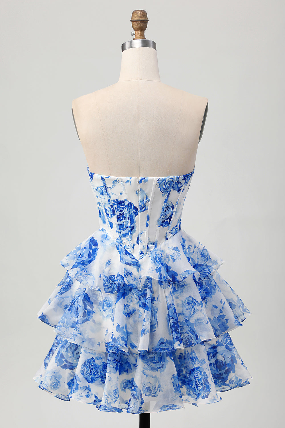 White Blue Floral Corset A-line Strapless Tiered Short Ball Dress