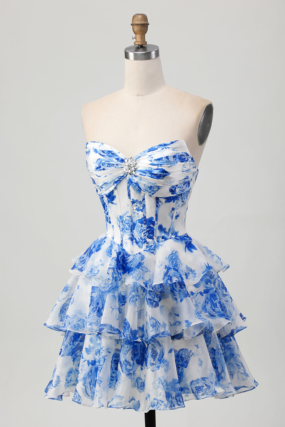 White Blue Floral A-line Sweetheart Corset Tiered Short Homecoming Dress