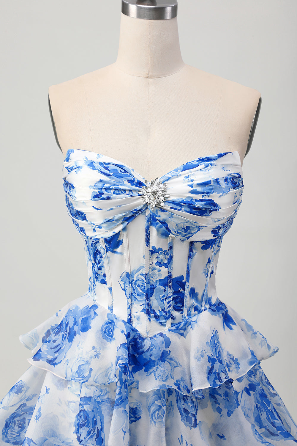 White Blue Floral A-line Sweetheart Corset Tiered Short Homecoming Dress