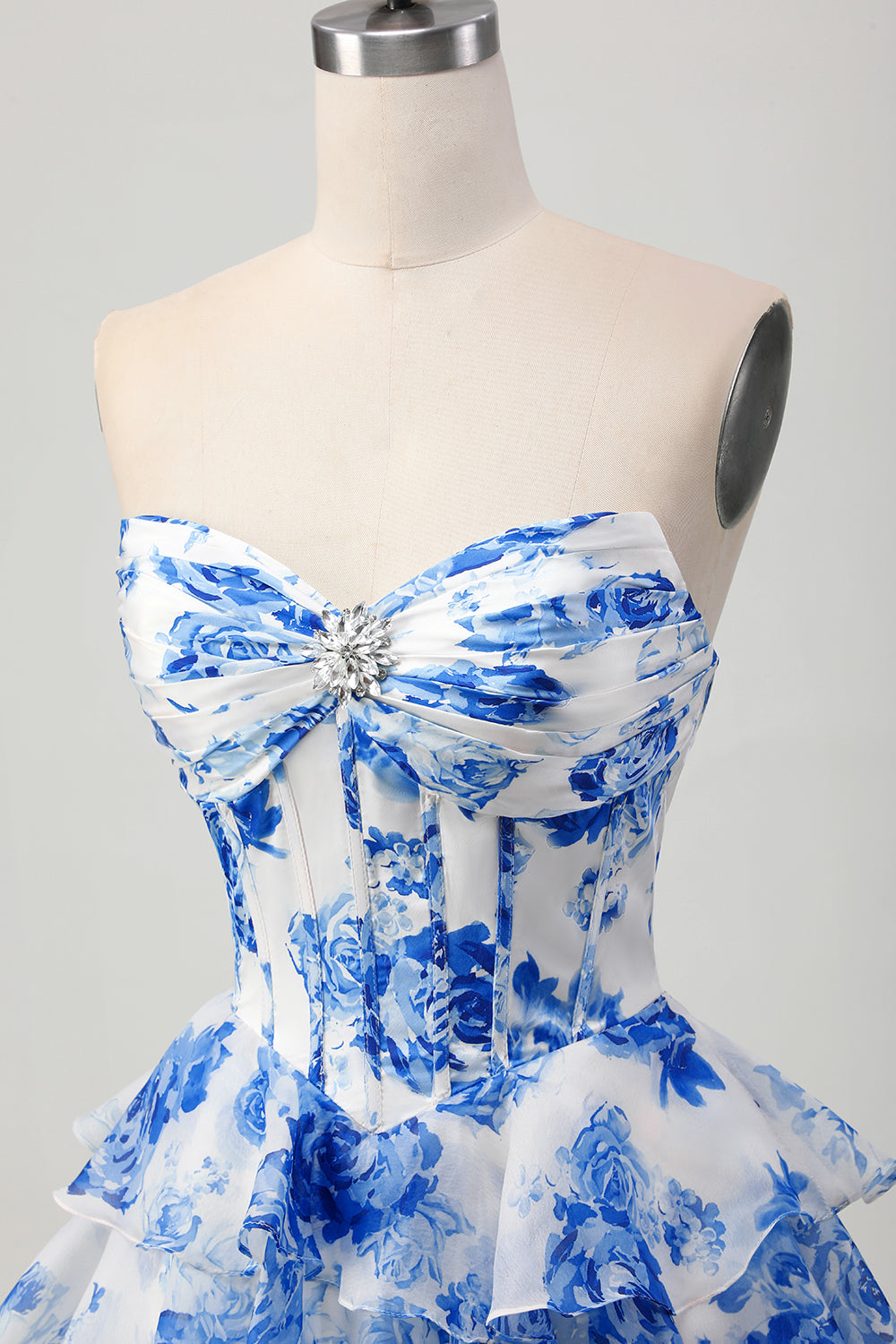 White Blue Floral A-line Sweetheart Corset Tiered Short Homecoming Dress