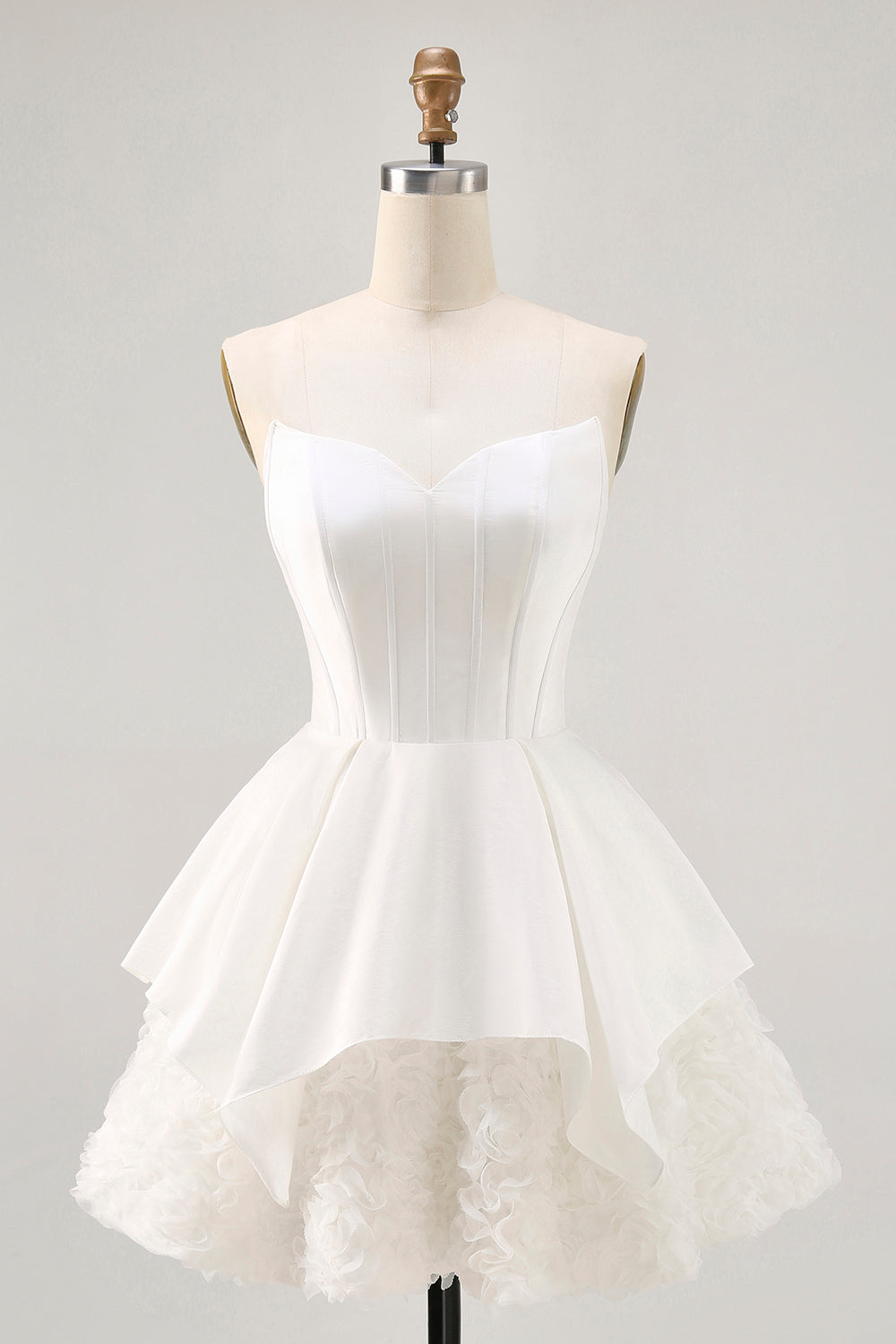 White Satin Strapless Corset A Line Short Ball Dress